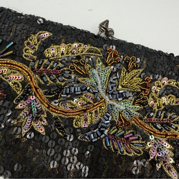 Vintage White House Black Market Sequin Embroidered Floral Kiss Lock Clutch Bag - Picture 3 of 6